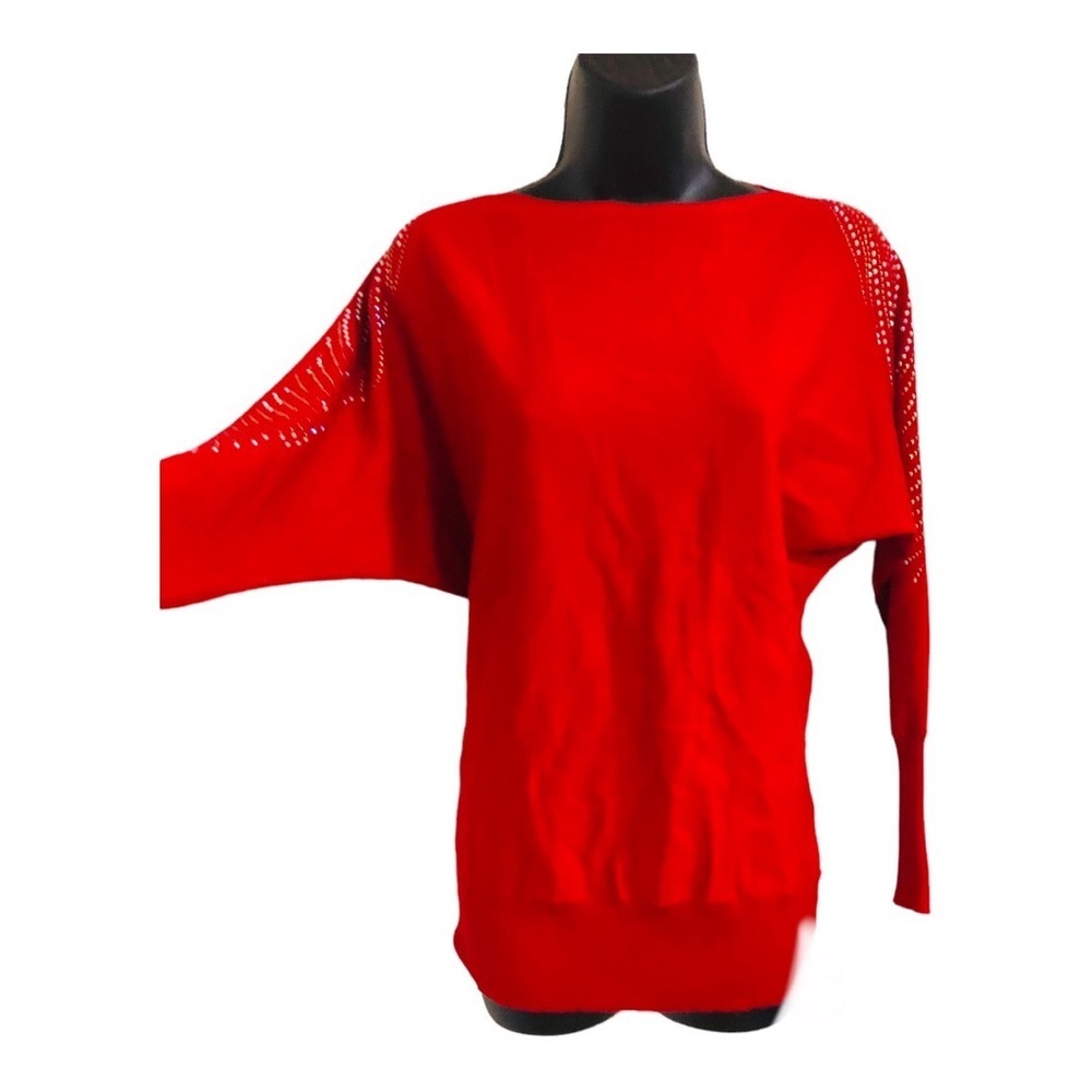 Red dolman sleeve rhinestone embellished studded sweater size medium new